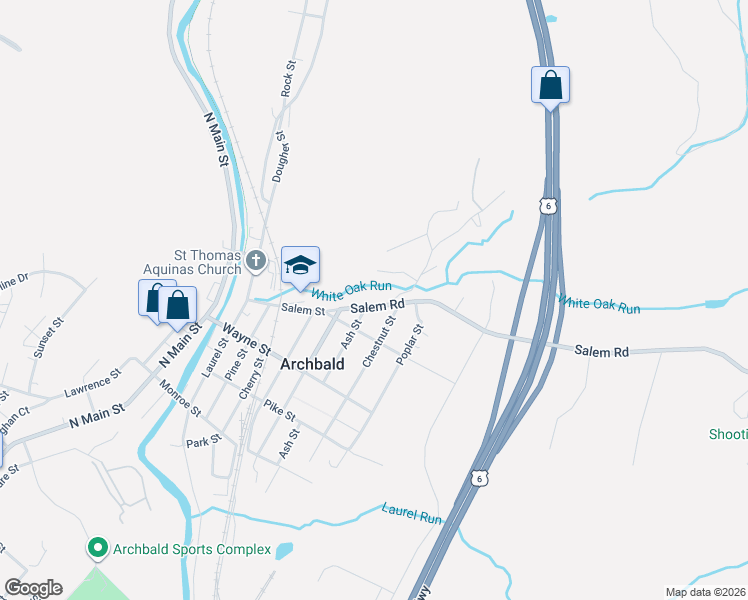 map of restaurants, bars, coffee shops, grocery stores, and more near 601 Goldbutton Street in Archbald