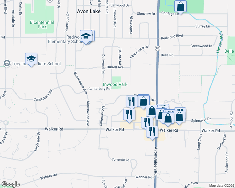map of restaurants, bars, coffee shops, grocery stores, and more near 335 Inwood Boulevard in Avon Lake