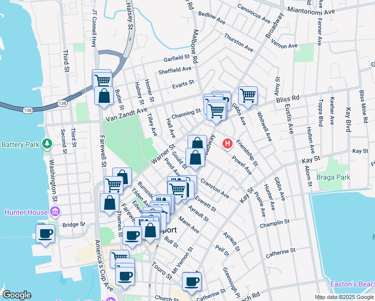 map of restaurants, bars, coffee shops, grocery stores, and more near 15 Clinton Avenue in Newport