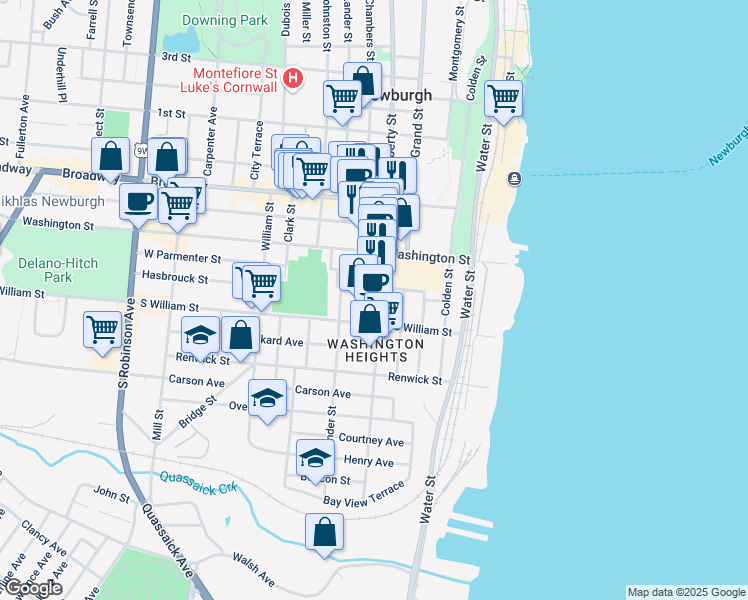 map of restaurants, bars, coffee shops, grocery stores, and more near 13 East Parmenter Street in Newburgh