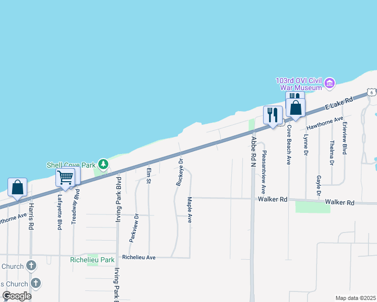 map of restaurants, bars, coffee shops, grocery stores, and more near 5115 Lake Road in Sheffield Lake