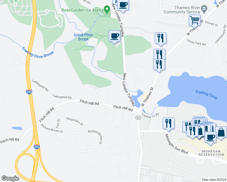 map of restaurants, bars, coffee shops, grocery stores, and more near 35 Old Fitch Hill Road in Montville