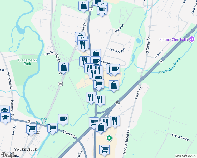 map of restaurants, bars, coffee shops, grocery stores, and more near 1098 North Colony Road in Wallingford