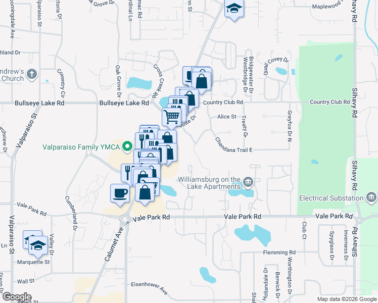 map of restaurants, bars, coffee shops, grocery stores, and more near 1605 Potawatomi Lane in Valparaiso