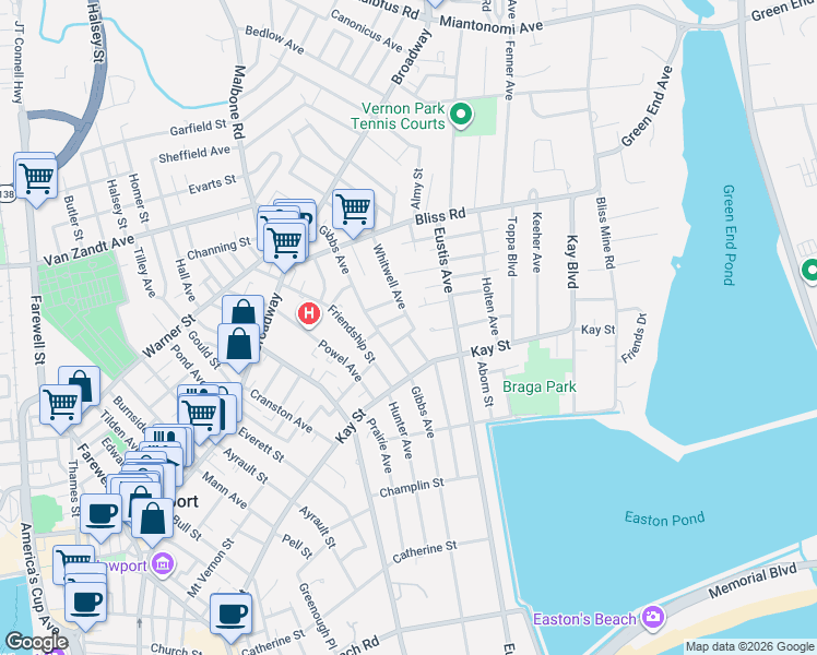 map of restaurants, bars, coffee shops, grocery stores, and more near 40 Whitwell Avenue in Newport