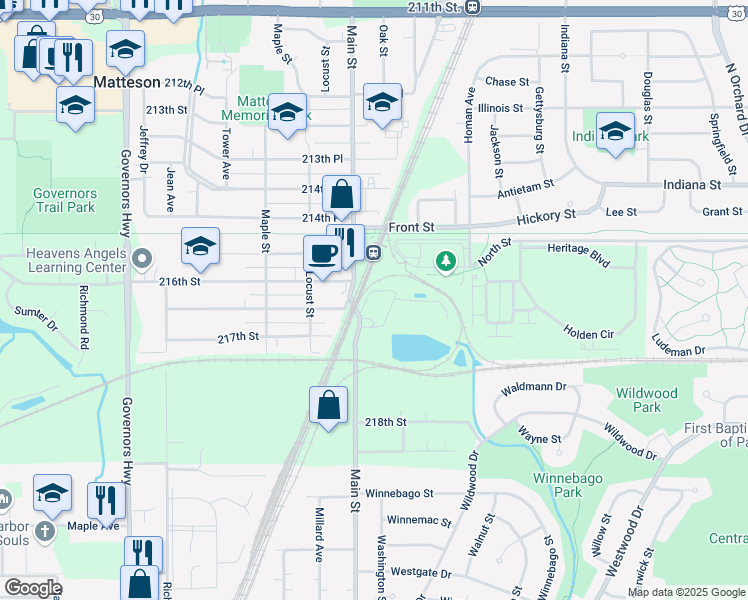 map of restaurants, bars, coffee shops, grocery stores, and more near 21607 Main Street in Matteson