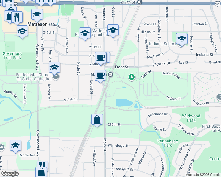 map of restaurants, bars, coffee shops, grocery stores, and more near 21603 216th Street in Matteson