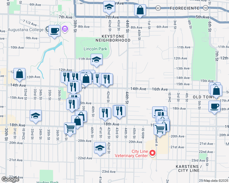 map of restaurants, bars, coffee shops, grocery stores, and more near 4301 14th Avenue in Rock Island