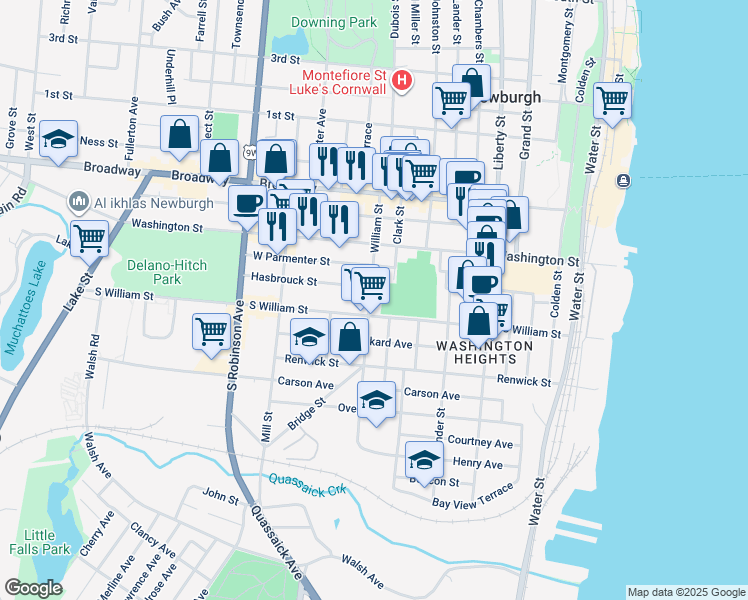 map of restaurants, bars, coffee shops, grocery stores, and more near 65 William Street in Newburgh