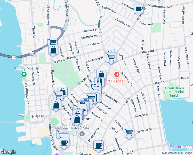 map of restaurants, bars, coffee shops, grocery stores, and more near 22 Bayview Avenue in Newport