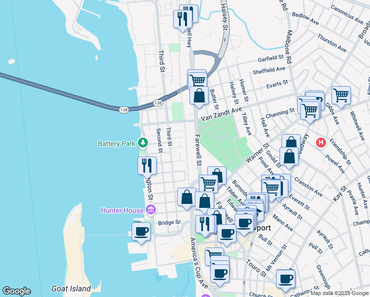 map of restaurants, bars, coffee shops, grocery stores, and more near 11 Lasalle Place in Newport