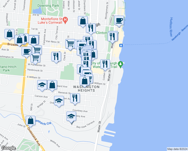 map of restaurants, bars, coffee shops, grocery stores, and more near 80 Liberty Street in Newburgh