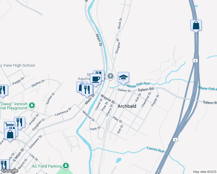 map of restaurants, bars, coffee shops, grocery stores, and more near 410 Church Street in Archbald