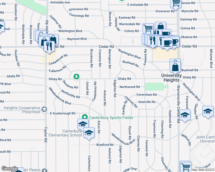 map of restaurants, bars, coffee shops, grocery stores, and more near 3690 Silsby Road in University Heights