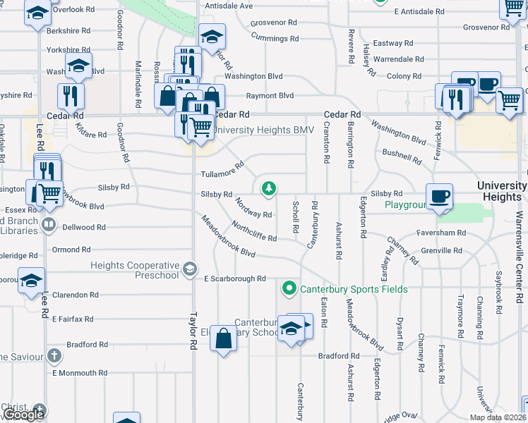 map of restaurants, bars, coffee shops, grocery stores, and more near 3548 Silsby Road in Cleveland Heights