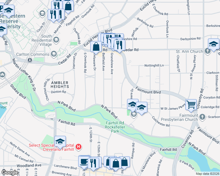 map of restaurants, bars, coffee shops, grocery stores, and more near 2272 Grandview Avenue in Cleveland Heights