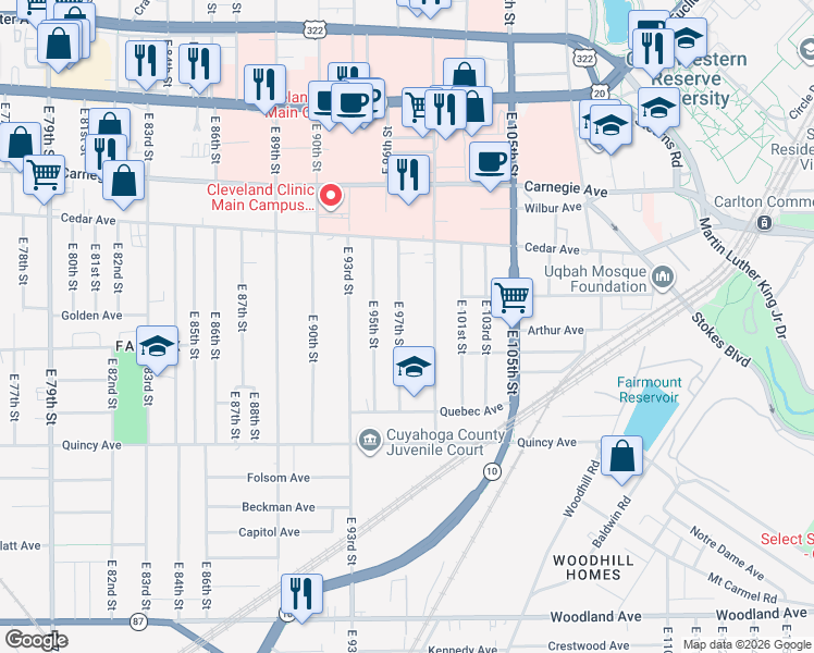 map of restaurants, bars, coffee shops, grocery stores, and more near 2229 East 97th Street in Cleveland