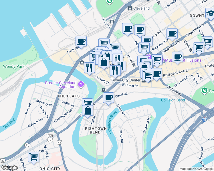 map of restaurants, bars, coffee shops, grocery stores, and more near 1411 West 10th Street in Cleveland