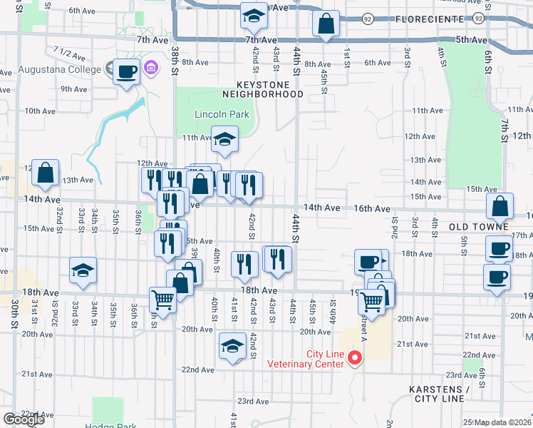 map of restaurants, bars, coffee shops, grocery stores, and more near 4301 14th Avenue in Rock Island