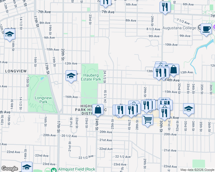 map of restaurants, bars, coffee shops, grocery stores, and more near 1425 24 1/2 St in Rock Island