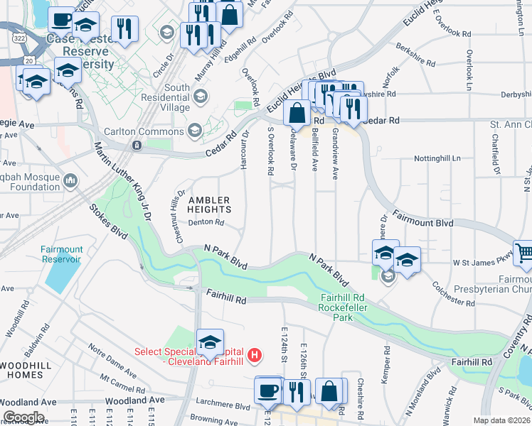 map of restaurants, bars, coffee shops, grocery stores, and more near 2277 South Overlook Road in Cleveland Heights
