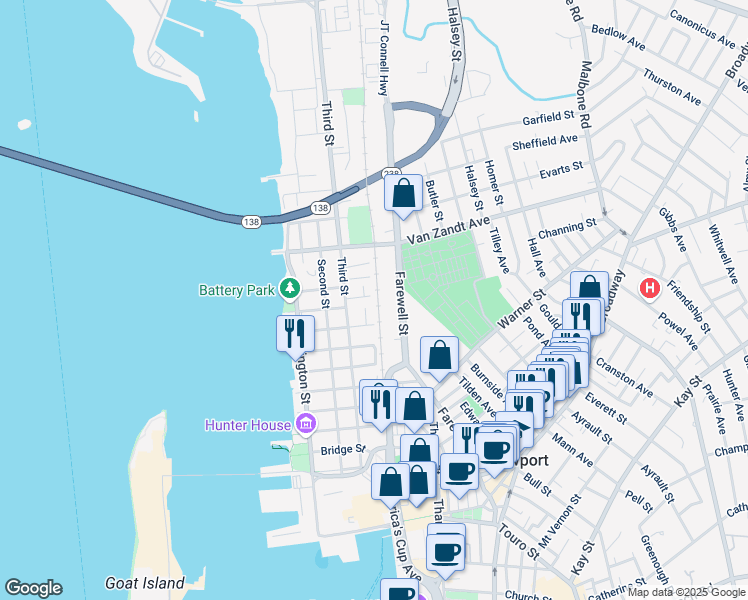 map of restaurants, bars, coffee shops, grocery stores, and more near 11 Lasalle Place in Newport