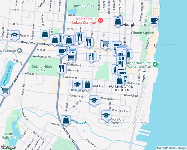 map of restaurants, bars, coffee shops, grocery stores, and more near 81 William Street in Newburgh