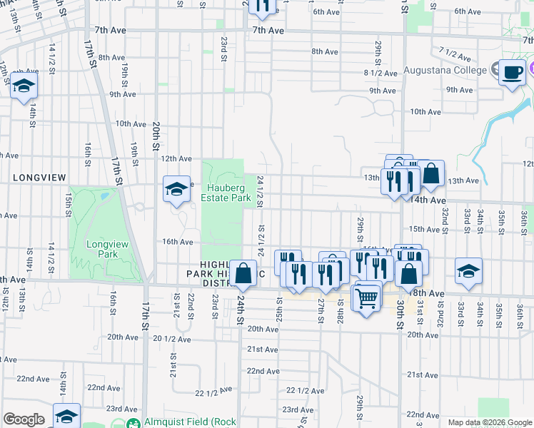 map of restaurants, bars, coffee shops, grocery stores, and more near 1425 24 1/2 St in Rock Island