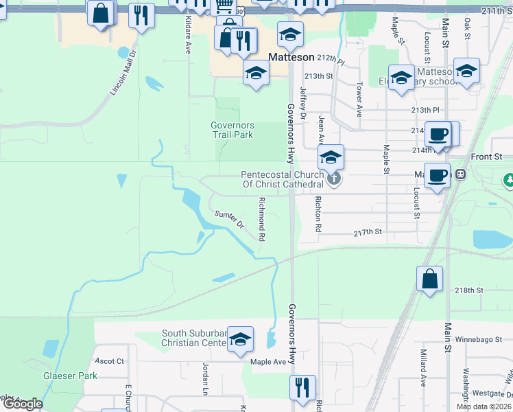 map of restaurants, bars, coffee shops, grocery stores, and more near 4062 216th Street in Matteson