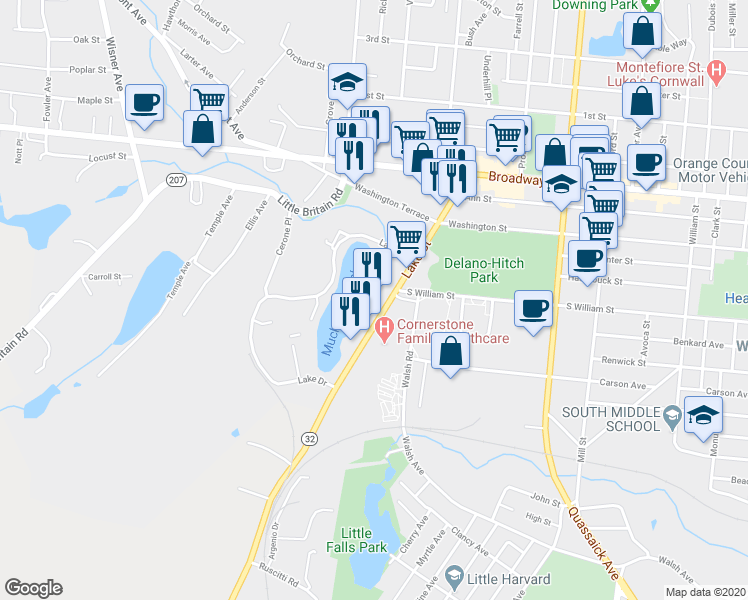 map of restaurants, bars, coffee shops, grocery stores, and more near 136 Lake Street in Newburgh