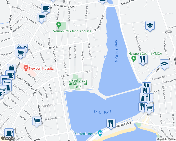 map of restaurants, bars, coffee shops, grocery stores, and more near 188 Kay Street in Newport