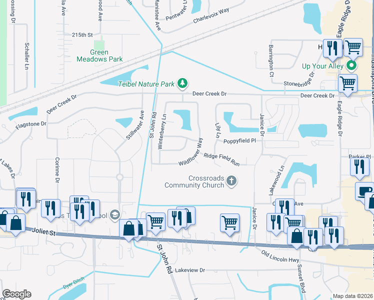 map of restaurants, bars, coffee shops, grocery stores, and more near 1329 Silver Fern Ln in Schererville