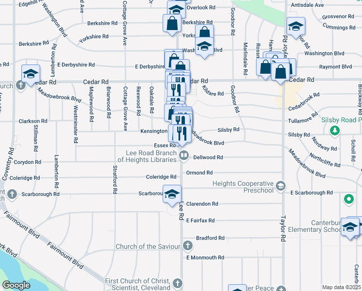 map of restaurants, bars, coffee shops, grocery stores, and more near Lee Rd & Silsby Rd in Cleveland Heights