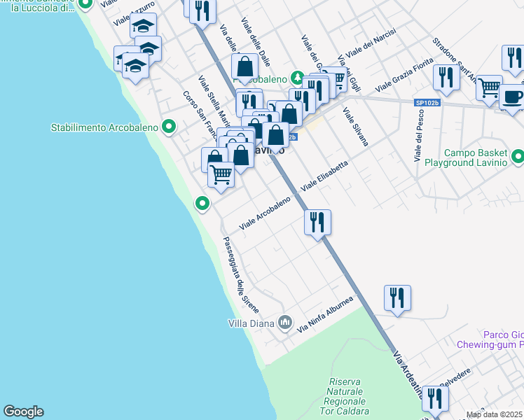 map of restaurants, bars, coffee shops, grocery stores, and more near 36B Via Arcobaleno in Anzio