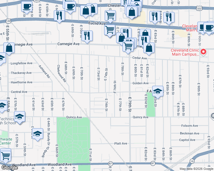 map of restaurants, bars, coffee shops, grocery stores, and more near 2254 East 74th Street in Cleveland