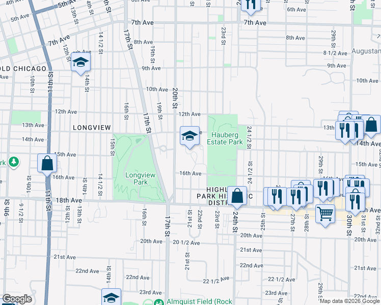 map of restaurants, bars, coffee shops, grocery stores, and more near 2101 16th Avenue in Rock Island