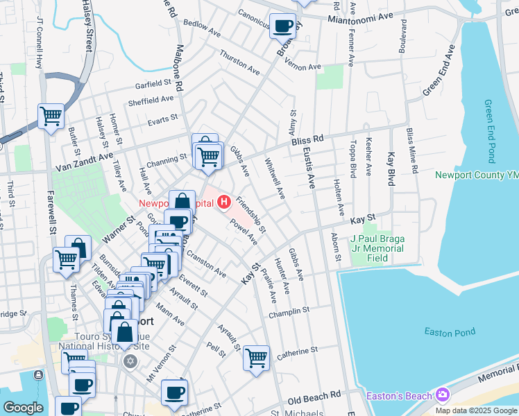 map of restaurants, bars, coffee shops, grocery stores, and more near 82 Gibbs Avenue in Newport
