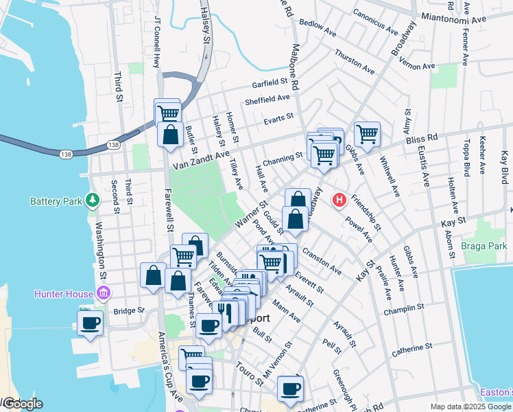 map of restaurants, bars, coffee shops, grocery stores, and more near 53 Gould Street in Newport
