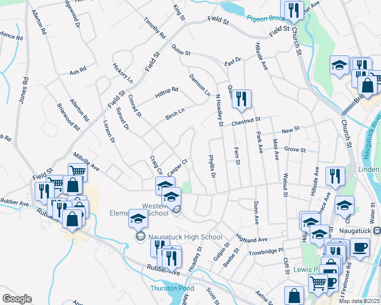 map of restaurants, bars, coffee shops, grocery stores, and more near Casper Ct in Naugatuck