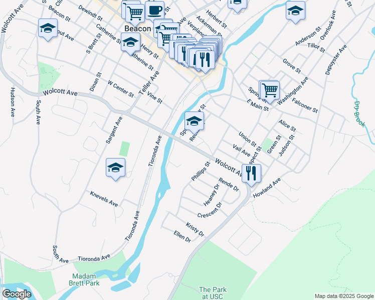 map of restaurants, bars, coffee shops, grocery stores, and more near 866 Wolcott Avenue in Beacon
