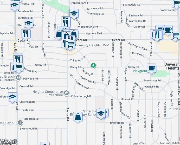 map of restaurants, bars, coffee shops, grocery stores, and more near 3548 Silsby Road in Cleveland Heights