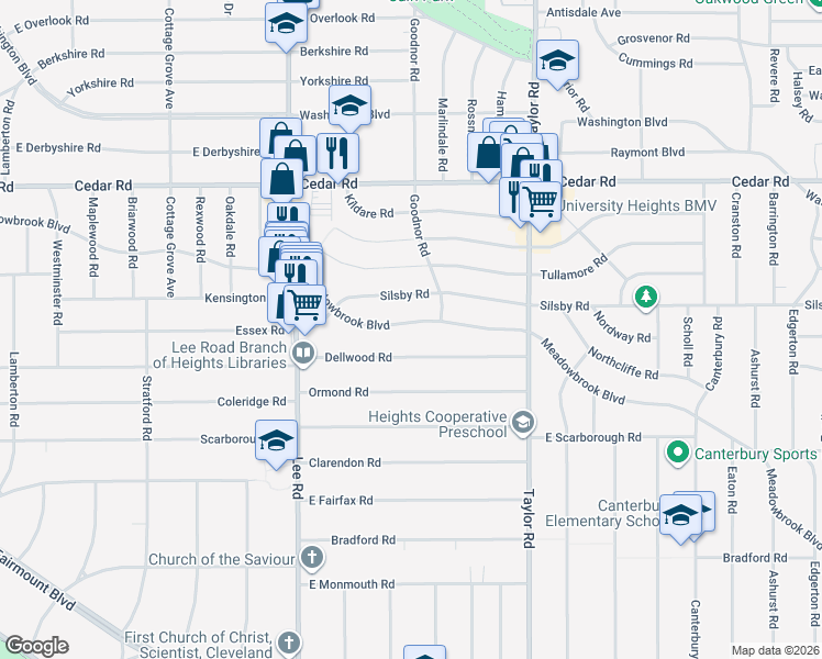 map of restaurants, bars, coffee shops, grocery stores, and more near 3319 Meadowbrook Boulevard in Cleveland Heights