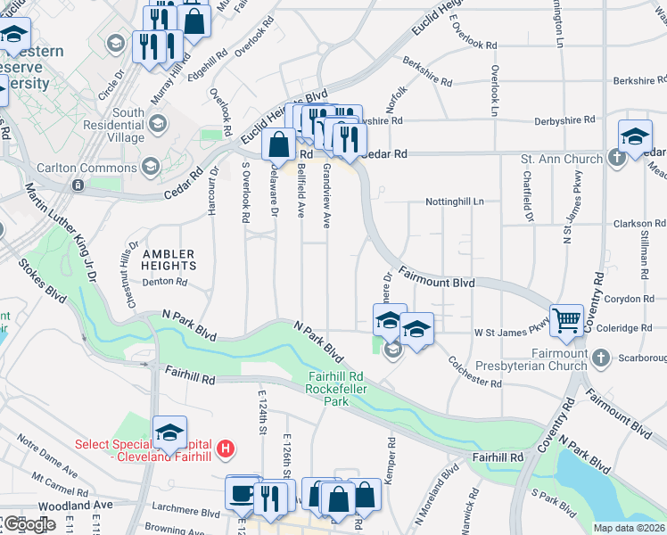 map of restaurants, bars, coffee shops, grocery stores, and more near 2286 Ardleigh Drive in Cleveland Heights