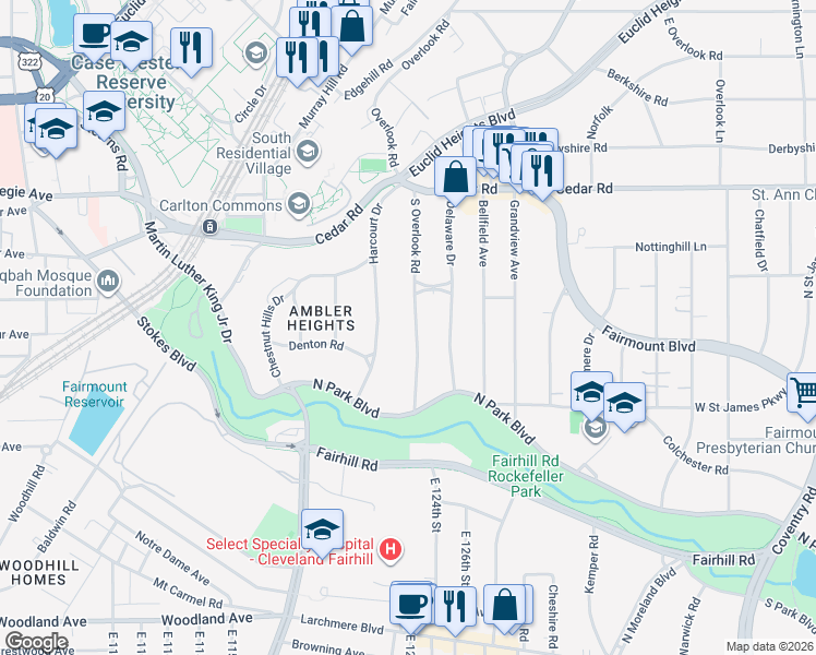 map of restaurants, bars, coffee shops, grocery stores, and more near 2277 South Overlook Road in Cleveland Heights