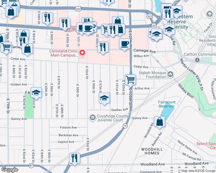 map of restaurants, bars, coffee shops, grocery stores, and more near 2223 East 100th Street in Cleveland