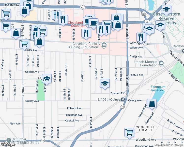 map of restaurants, bars, coffee shops, grocery stores, and more near 2234 East 95th Street in Cleveland