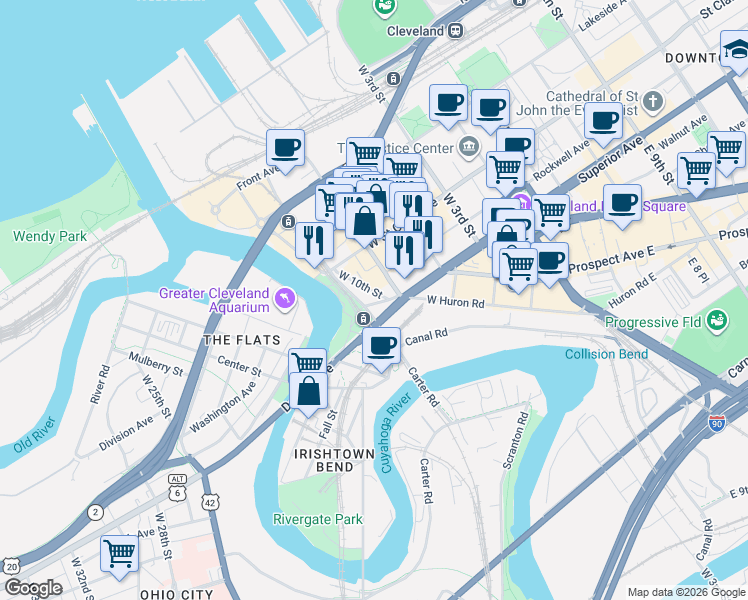 map of restaurants, bars, coffee shops, grocery stores, and more near 1411 West 10th Street in Cleveland