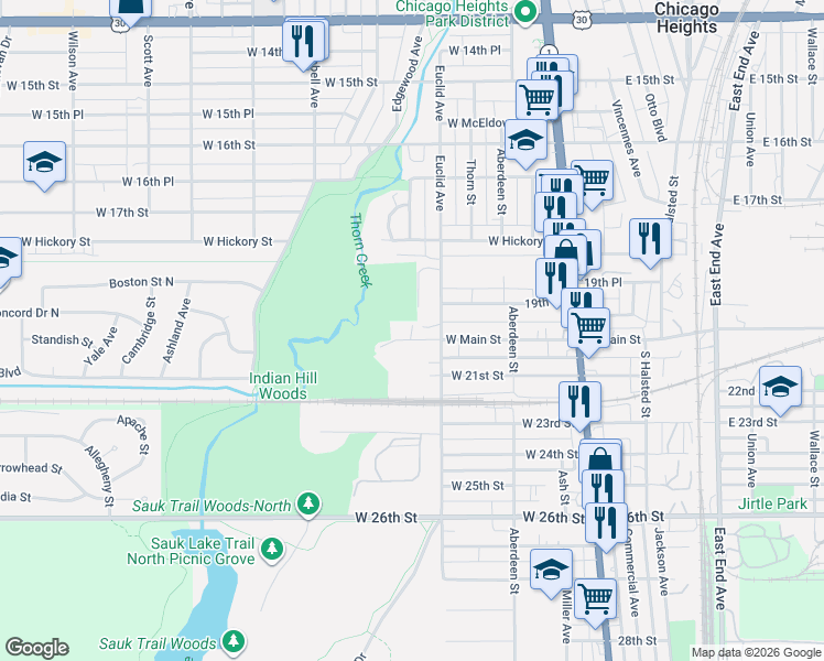 map of restaurants, bars, coffee shops, grocery stores, and more near 1842 Euclid Avenue in Chicago Heights
