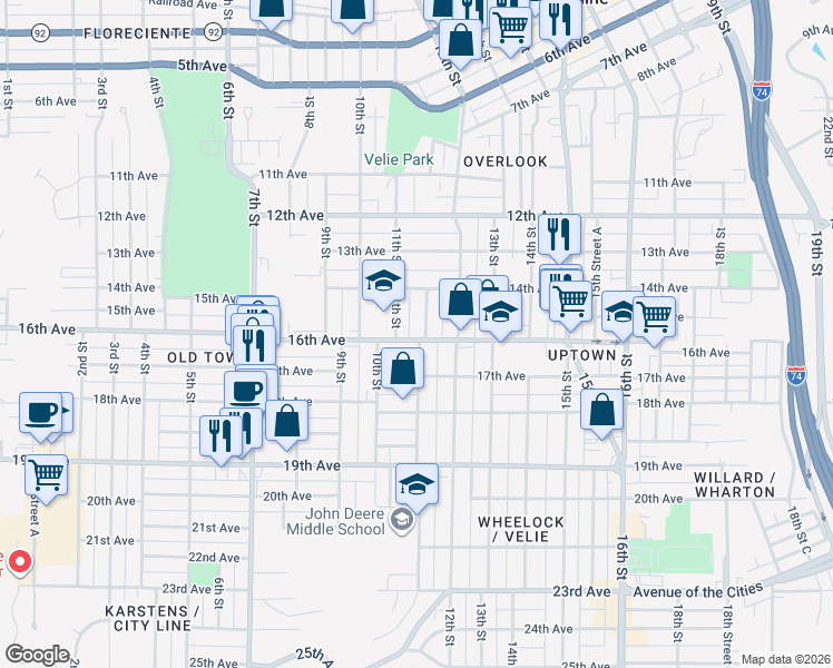 map of restaurants, bars, coffee shops, grocery stores, and more near 1426 11th Street in Moline