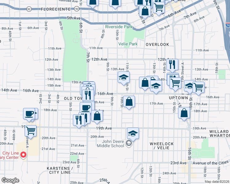 map of restaurants, bars, coffee shops, grocery stores, and more near 1421 10th Street in Moline